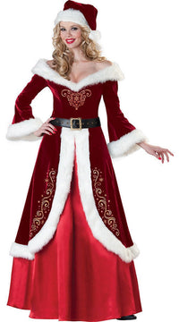 HKM-541651 Santa Couple Costume Set for Christmas - Corduroy Outfit with Wig & Beard - Adult Sizes M to 5XL