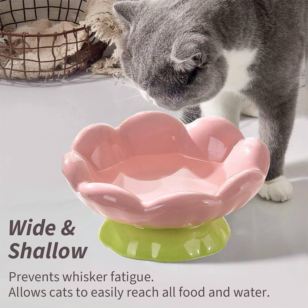 HKM-542227 Shallow Wide Ceramic Cat Bowl with Anti-Vomiting Design, Ergonomic Tilted Flower Shape, Non-Slip, Perfect for Food and Water