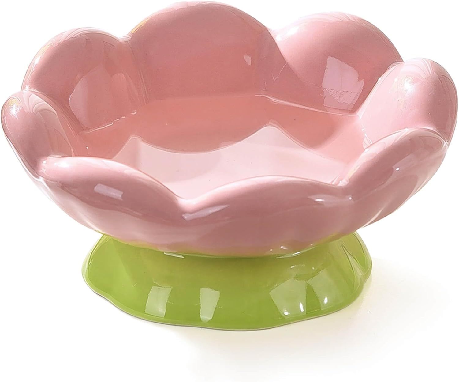HKM-542227 Shallow Wide Ceramic Cat Bowl with Anti-Vomiting Design, Ergonomic Tilted Flower Shape, Non-Slip, Perfect for Food and Water