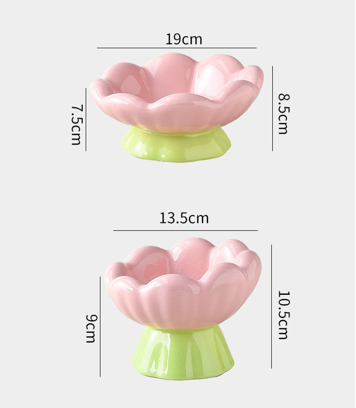 HKM-542227 Shallow Wide Ceramic Cat Bowl with Anti-Vomiting Design, Ergonomic Tilted Flower Shape, Non-Slip, Perfect for Food and Water