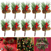 HKM-542483 10pcs Artificial Pine Picks with Mini Berries and Pinecones for Holiday Decorations and Floral Arrangements