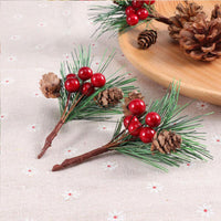 HKM-542483 10pcs Artificial Pine Picks with Mini Berries and Pinecones for Holiday Decorations and Floral Arrangements