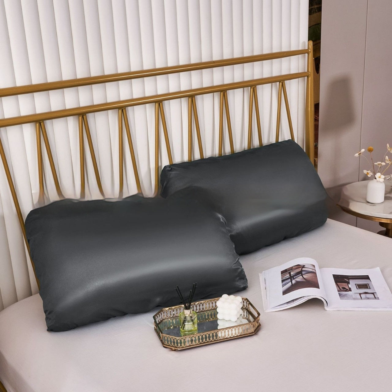 HKM-542483 Large Solid Color Satin Elastic Pillowcase - Summer Minimalist Design, Comfortable Rayon Polyester Blend