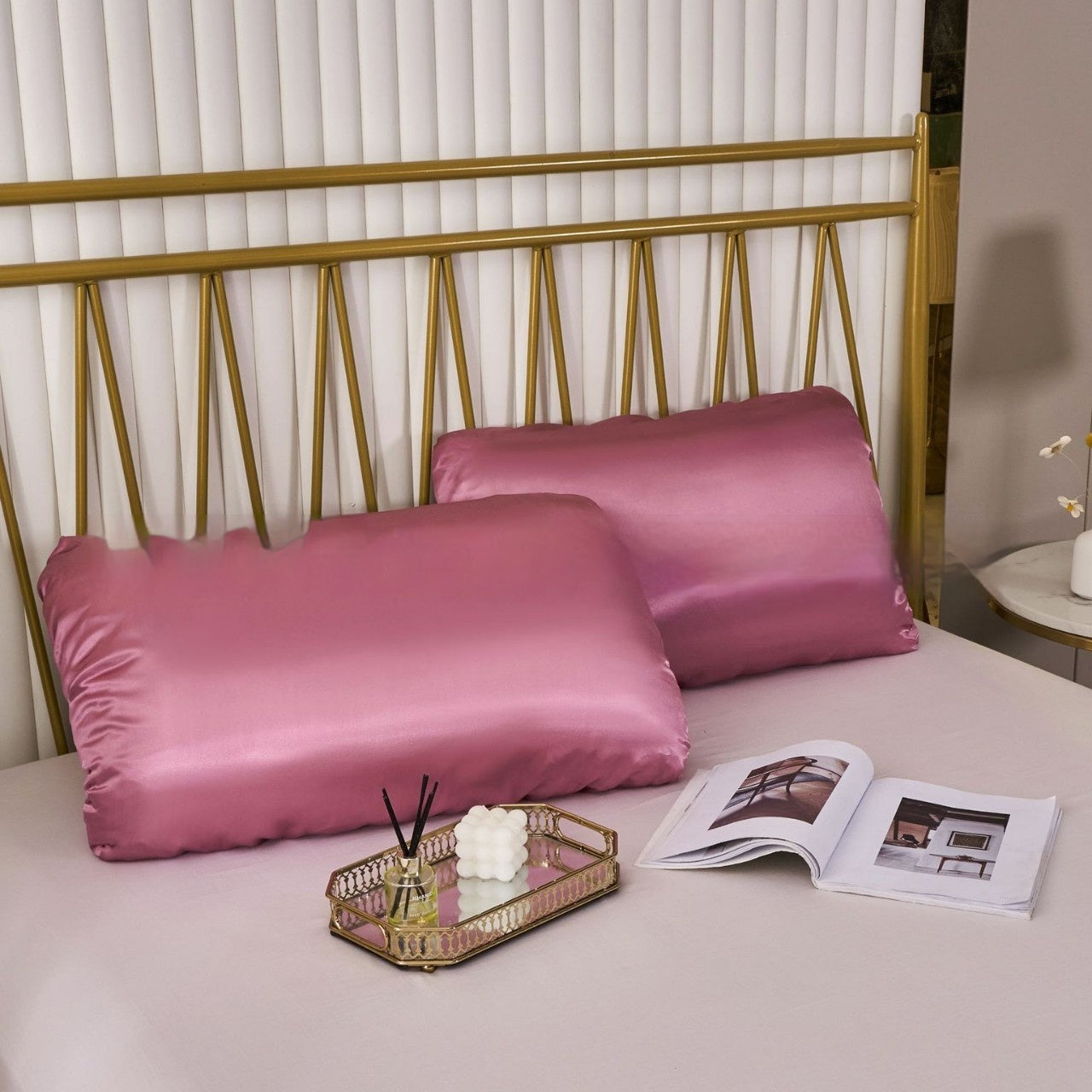HKM-542483 Large Solid Color Satin Elastic Pillowcase - Summer Minimalist Design, Comfortable Rayon Polyester Blend