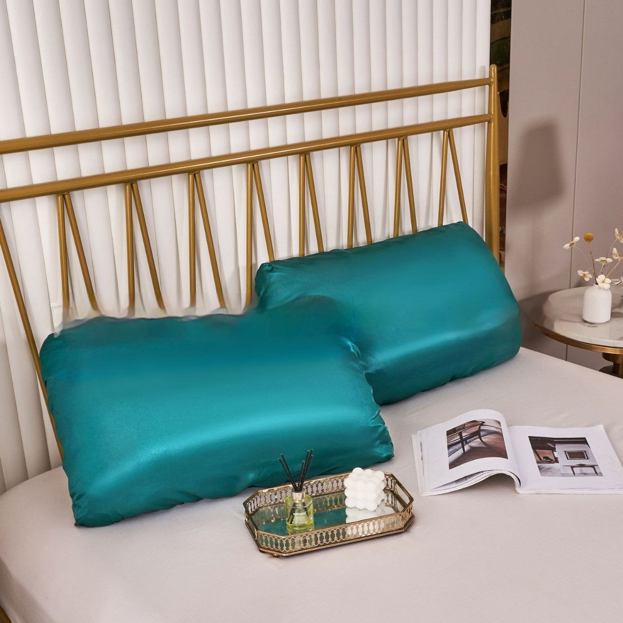 HKM-542483 Large Solid Color Satin Elastic Pillowcase - Summer Minimalist Design, Comfortable Rayon Polyester Blend
