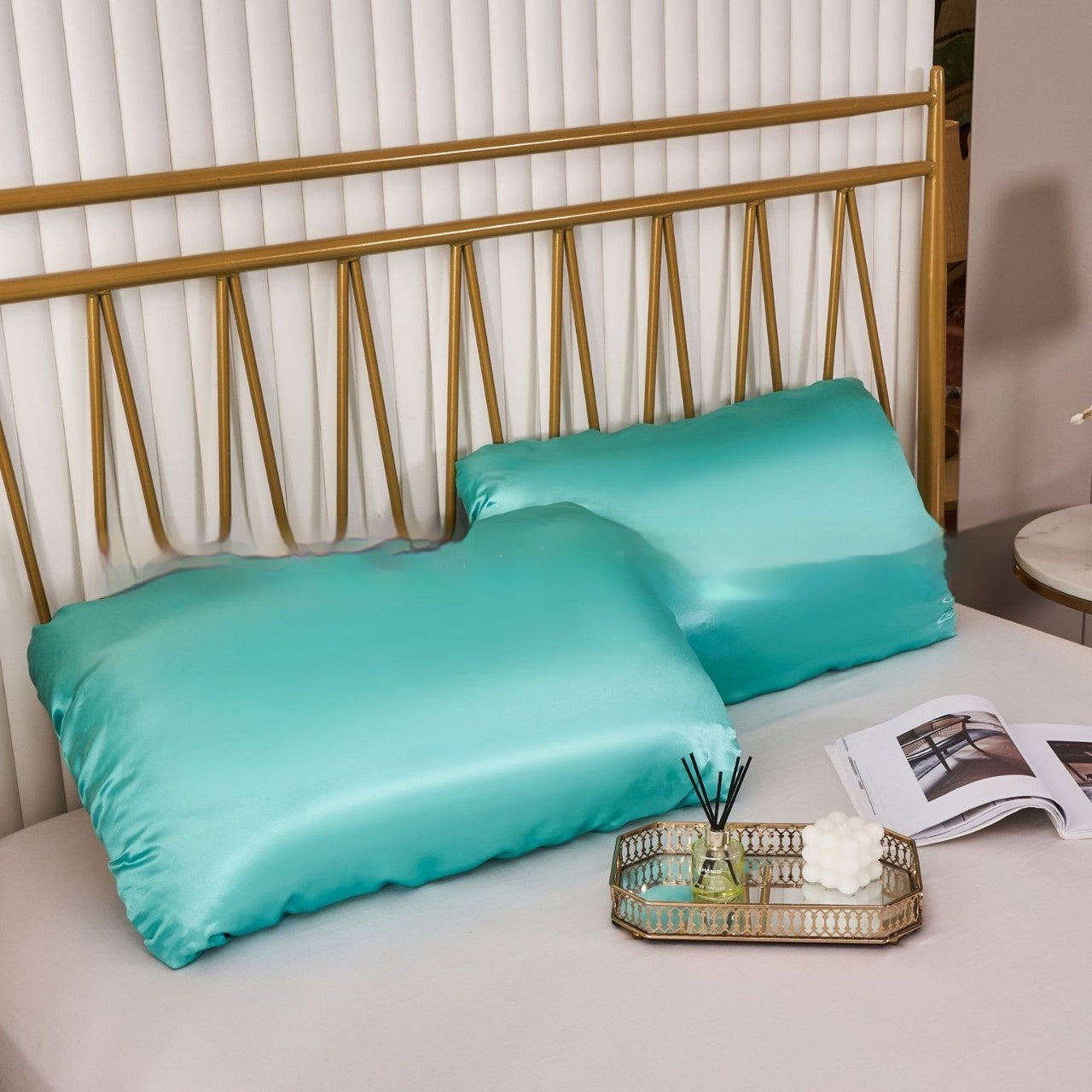 HKM-542483 Large Solid Color Satin Elastic Pillowcase - Summer Minimalist Design, Comfortable Rayon Polyester Blend