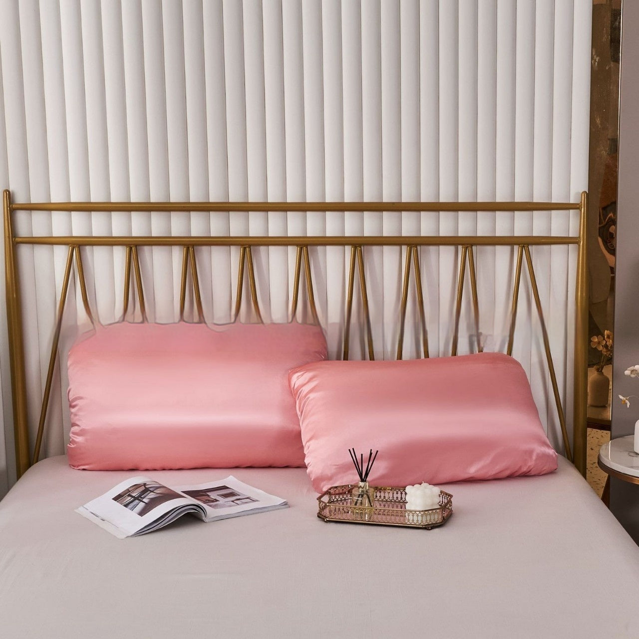 HKM-542483 Large Solid Color Satin Elastic Pillowcase - Summer Minimalist Design, Comfortable Rayon Polyester Blend