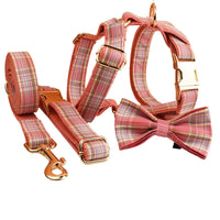 HKM-542547 Plaid Dog Collar and Leash Set with Bow and Vest - Stylish Pet Accessory for Various Occasions