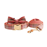 HKM-542547 Plaid Dog Collar and Leash Set with Bow and Vest - Stylish Pet Accessory for Various Occasions