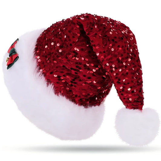 HKM-542803 Festive Red Paillette Bowknot Plush Christmas Hat with Green Sequined Detail