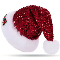 HKM-542803 Festive Red Paillette Bowknot Plush Christmas Hat with Green Sequined Detail
