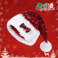 HKM-542803 Festive Red Paillette Bowknot Plush Christmas Hat with Green Sequined Detail