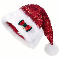 HKM-542803 Festive Red Paillette Bowknot Plush Christmas Hat with Green Sequined Detail