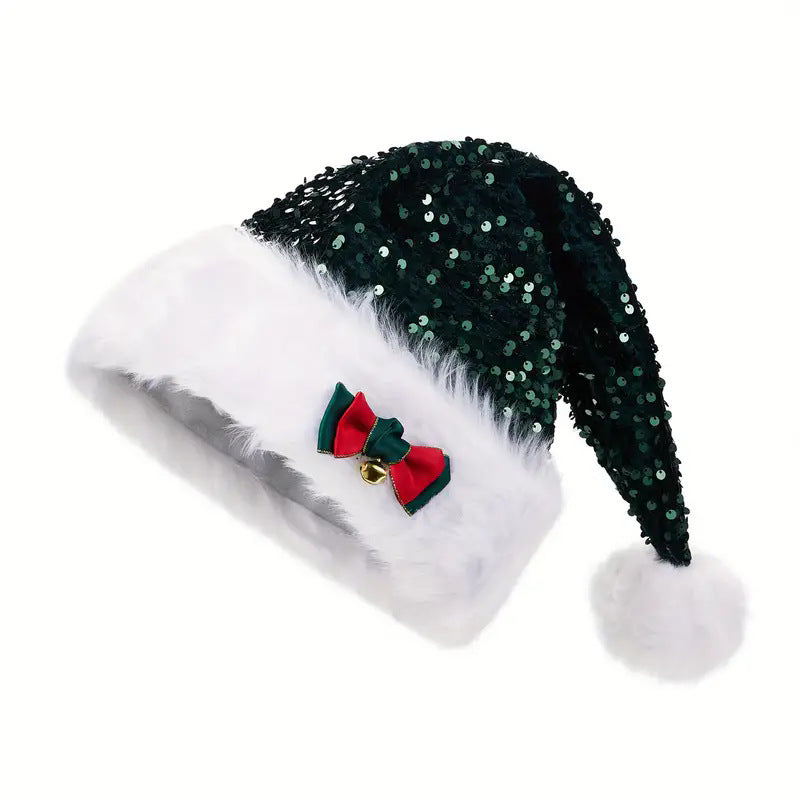 HKM-542803 Festive Red Paillette Bowknot Plush Christmas Hat with Green Sequined Detail
