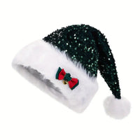 HKM-542803 Festive Red Paillette Bowknot Plush Christmas Hat with Green Sequined Detail