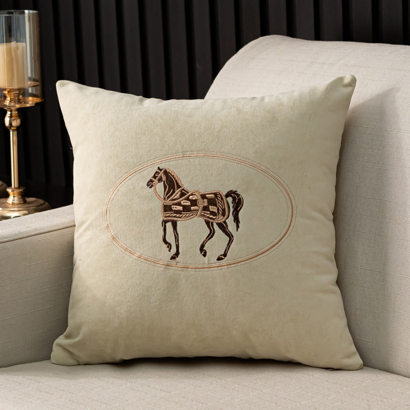 HKM-543571 Hand-Embroidered Horse Pattern Cushion Cover in Various Chenille Colors - 45x45cm