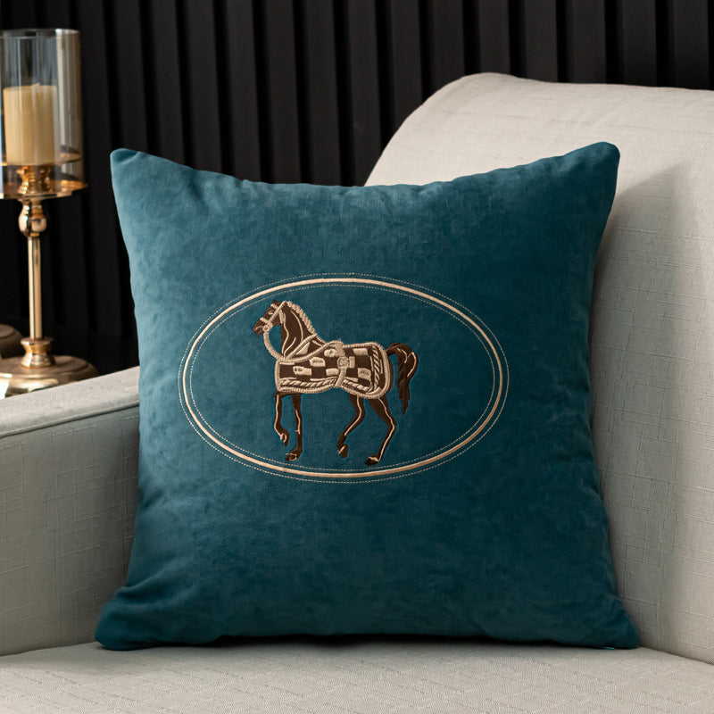HKM-543571 Hand-Embroidered Horse Pattern Cushion Cover in Various Chenille Colors - 45x45cm