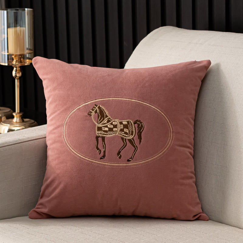 HKM-543571 Hand-Embroidered Horse Pattern Cushion Cover in Various Chenille Colors - 45x45cm