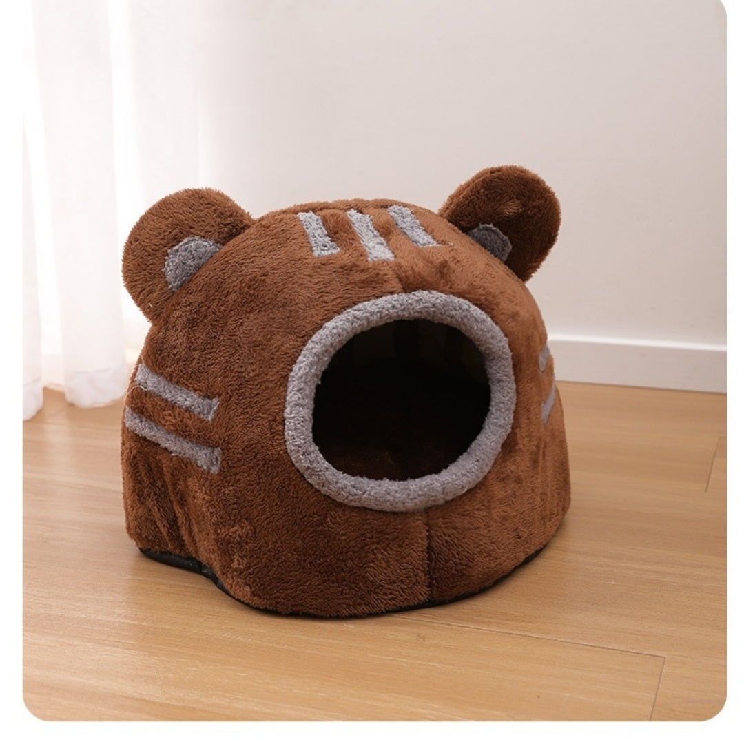 HKM-543635 Cozy Semi-Closed Bear Head Cat Nest in Brown and Gray - Detachable for Autumn & Winter Warmth