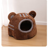 HKM-543635 Cozy Semi-Closed Bear Head Cat Nest in Brown and Gray - Detachable for Autumn & Winter Warmth