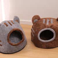 HKM-543635 Cozy Semi-Closed Bear Head Cat Nest in Brown and Gray - Detachable for Autumn & Winter Warmth