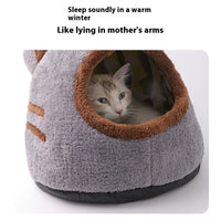 HKM-543635 Cozy Semi-Closed Bear Head Cat Nest in Brown and Gray - Detachable for Autumn & Winter Warmth