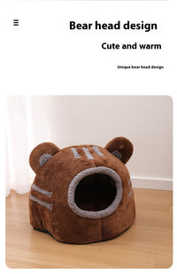 HKM-543635 Cozy Semi-Closed Bear Head Cat Nest in Brown and Gray - Detachable for Autumn & Winter Warmth