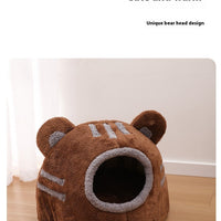HKM-543635 Cozy Semi-Closed Bear Head Cat Nest in Brown and Gray - Detachable for Autumn & Winter Warmth