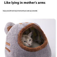 HKM-543635 Cozy Semi-Closed Bear Head Cat Nest in Brown and Gray - Detachable for Autumn & Winter Warmth