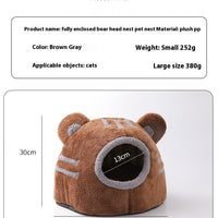 HKM-543635 Cozy Semi-Closed Bear Head Cat Nest in Brown and Gray - Detachable for Autumn & Winter Warmth