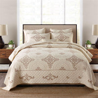 HKM-543827 Three-Piece Pure Cotton Bedding Set with Quilted Design and Embroidered Accents