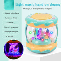 HKM-544083 Multifunctional Educational Musical Hand Drum for Preschool Learning, Carousel Design, ABS Plastic, Unisex, Yellow & Pink