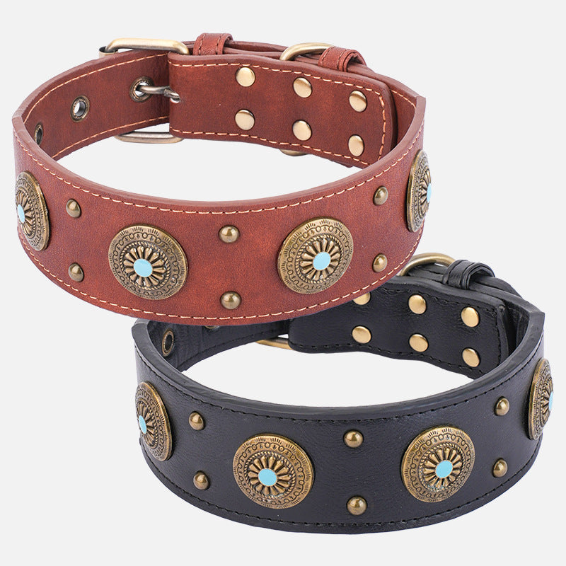 HKM-544211 Elegant Leather Dog Collar for Medium and Large Dogs - Monochrome Design in Brown and Black