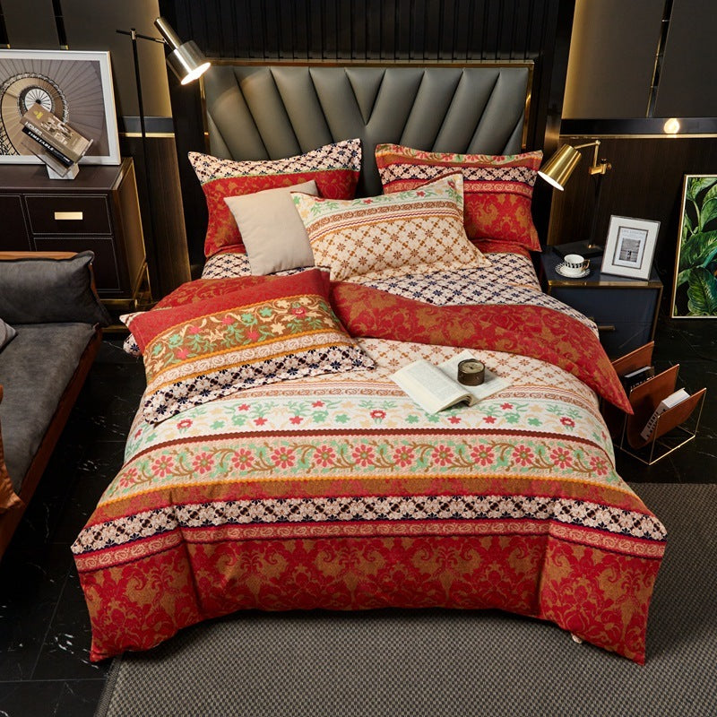 HKM-544339 Cotton Bedding Set for Autumn and Winter - 4-Piece Floral Design, Multiple Sizes Available