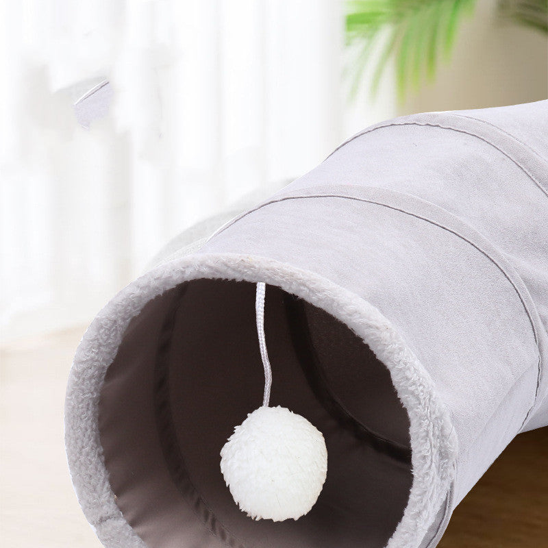 HKM-544339 Gray Suede Foldable Cat Tunnel Toy for Playful Kitties