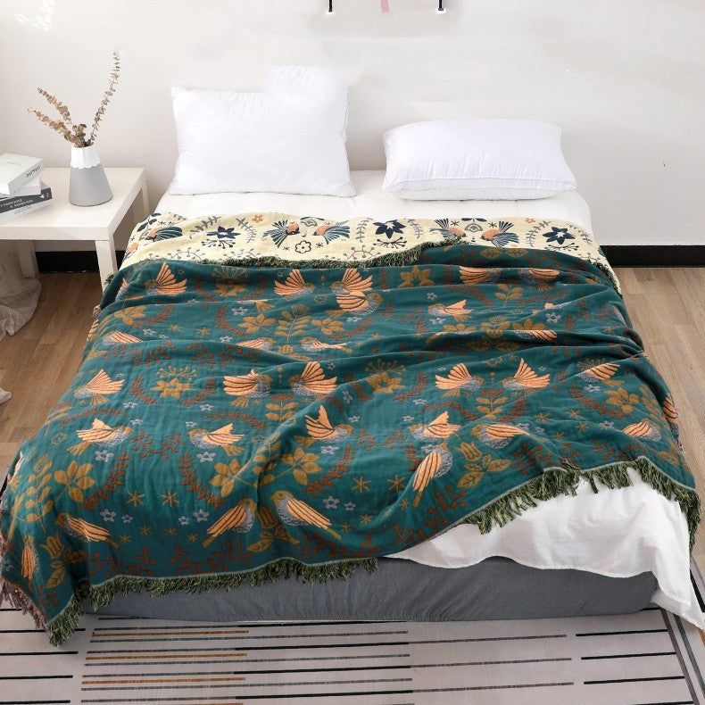 HKM-544659 Summer Cotton Gauze Blanket for Two - Landscape Pattern, Available in Bird Green and Bird Blue, Multiple Sizes