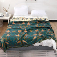 HKM-544659 Summer Cotton Gauze Blanket for Two - Landscape Pattern, Available in Bird Green and Bird Blue, Multiple Sizes