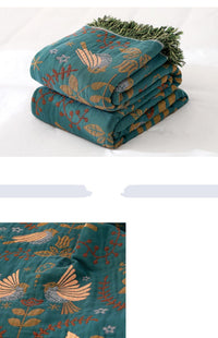 HKM-544659 Summer Cotton Gauze Blanket for Two - Landscape Pattern, Available in Bird Green and Bird Blue, Multiple Sizes
