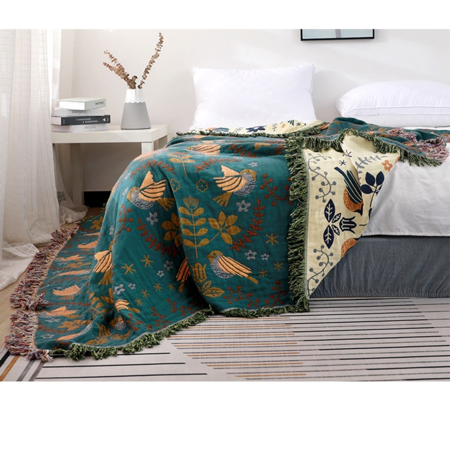 HKM-544659 Summer Cotton Gauze Blanket for Two - Landscape Pattern, Available in Bird Green and Bird Blue, Multiple Sizes