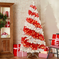HKM-544787 6ft Red and White Candy Cane Artificial Christmas Tree with 300 LED Lights and 900 Bendable Branches