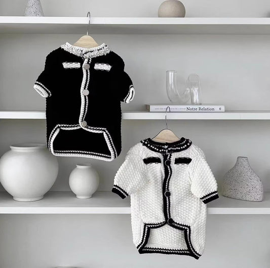 HKM-544915 Korean Style Puppy Sweater with Pearl Collar - Classic White & Black Options