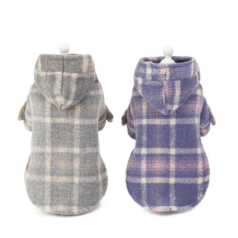 HKM-545107 Warm Woolen Plaid Dog Windbreaker - Two-Legged Fall & Winter Coat in Khaki and Purple