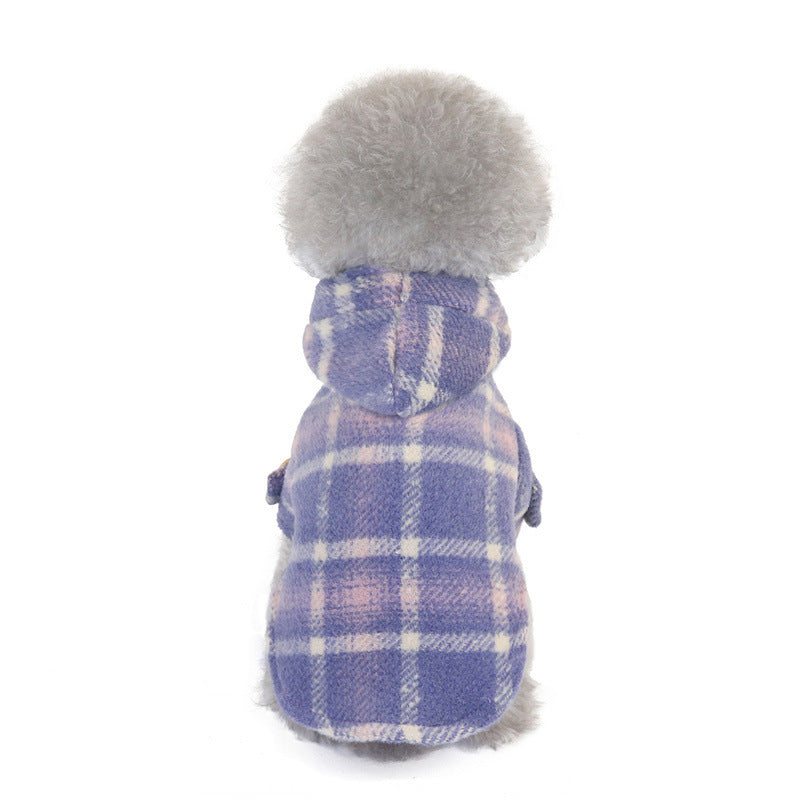 HKM-545107 Warm Woolen Plaid Dog Windbreaker - Two-Legged Fall & Winter Coat in Khaki and Purple