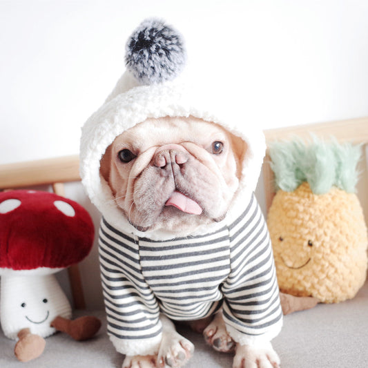 HKM-545235 Cozy Striped Knitted Hooded Sweater for Dogs in Gray Cotton