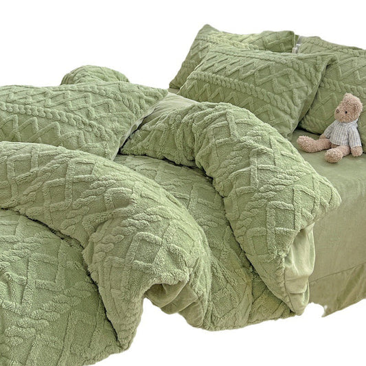 HKM-545491 Four-Piece Thickened Warm Milk Fiber Bed Set in Solid Colors for Various Bed Sizes