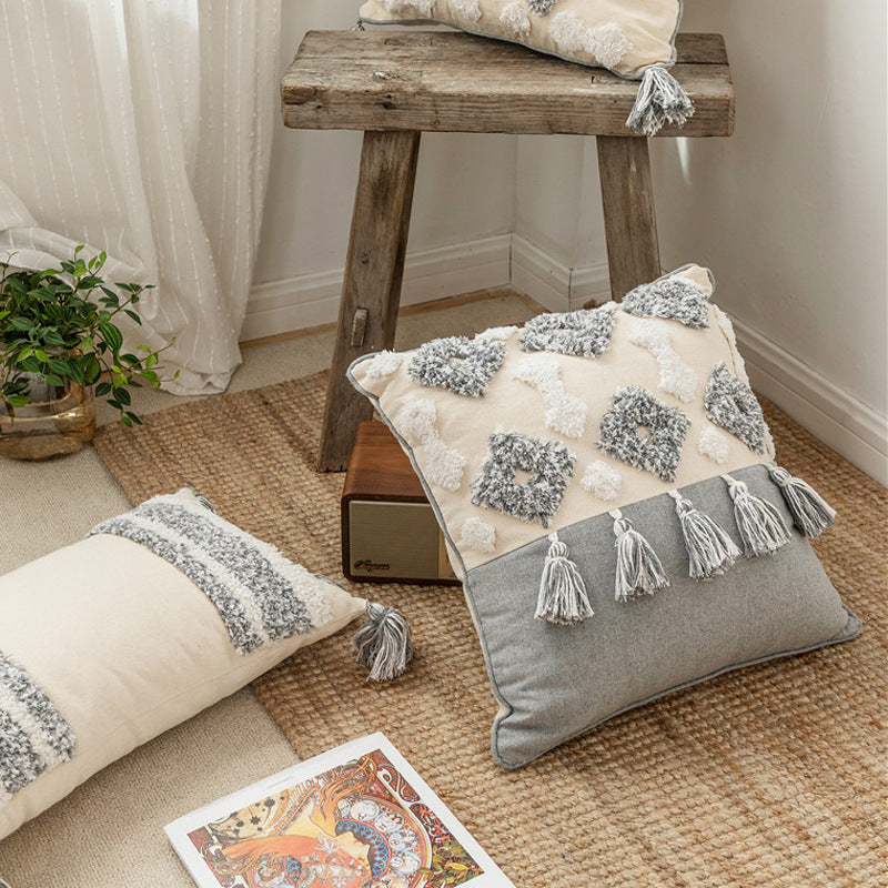 HKM-547027 Cotton Canvas Tassel Square Pillow Cover for Cozy Home Decor
