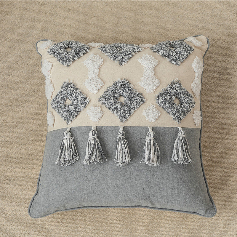 HKM-547027 Cotton Canvas Tassel Square Pillow Cover for Cozy Home Decor