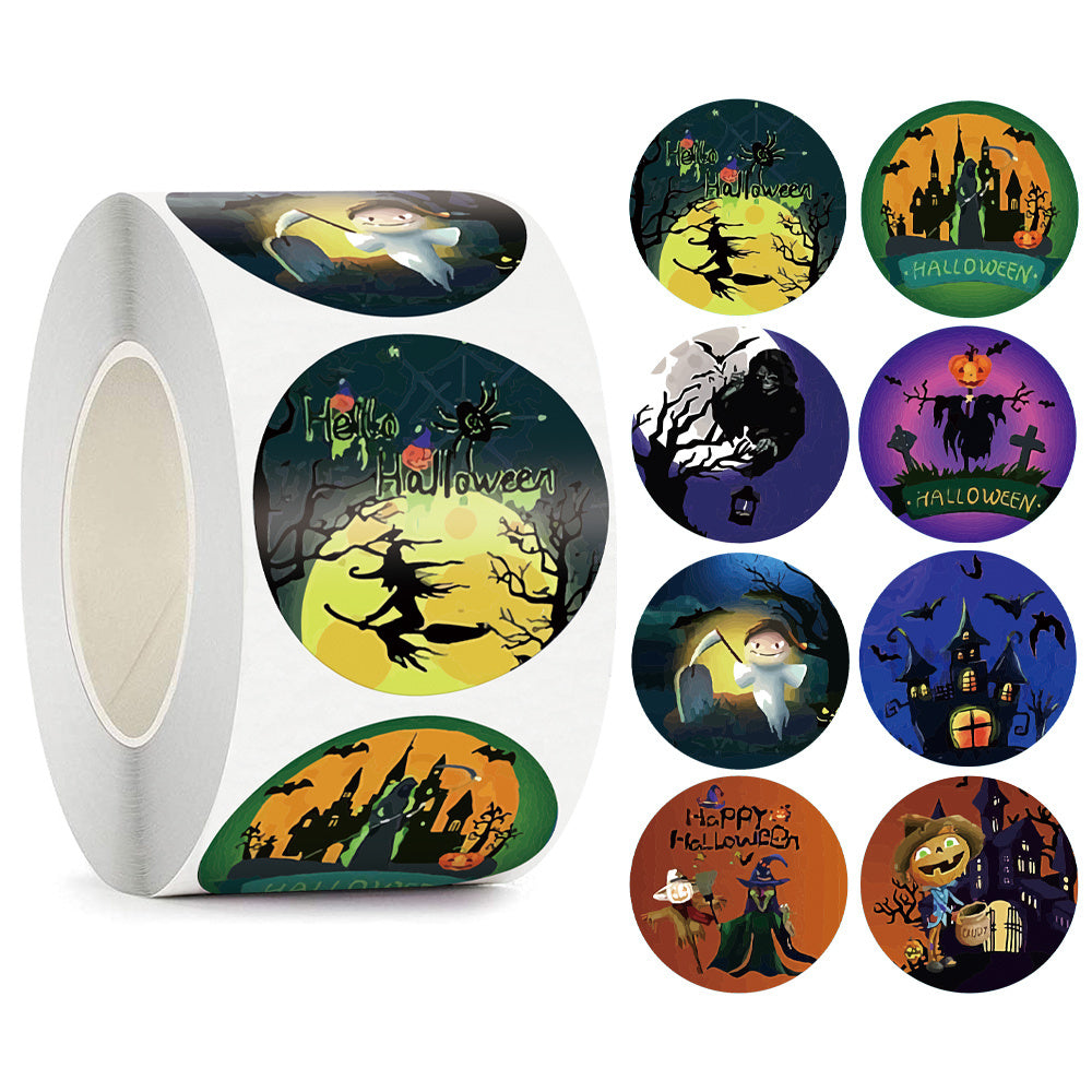 HKM-547667 Happy Halloween Children's Toy Animal Sticker Labels - 500 Rolls, 1.5 Inches, Round Paper Design