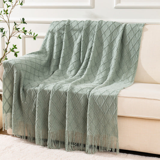 HKM-547795 Solid Color Knitted Tassel Blanket - Multiple Sizes and Colors Available