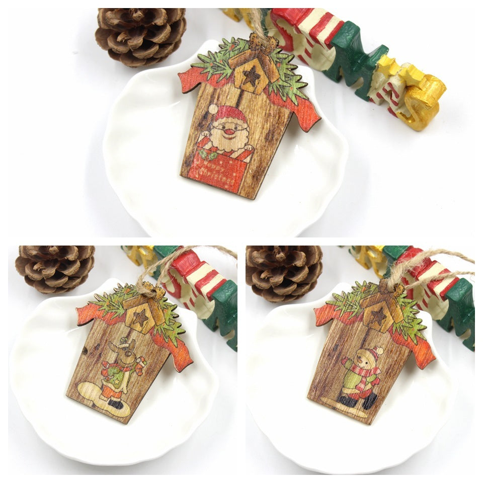 HKM-547923 Wooden House Shape Christmas Elk Pendant - Set of 3 Hanging Ornaments for Festive Home Decor